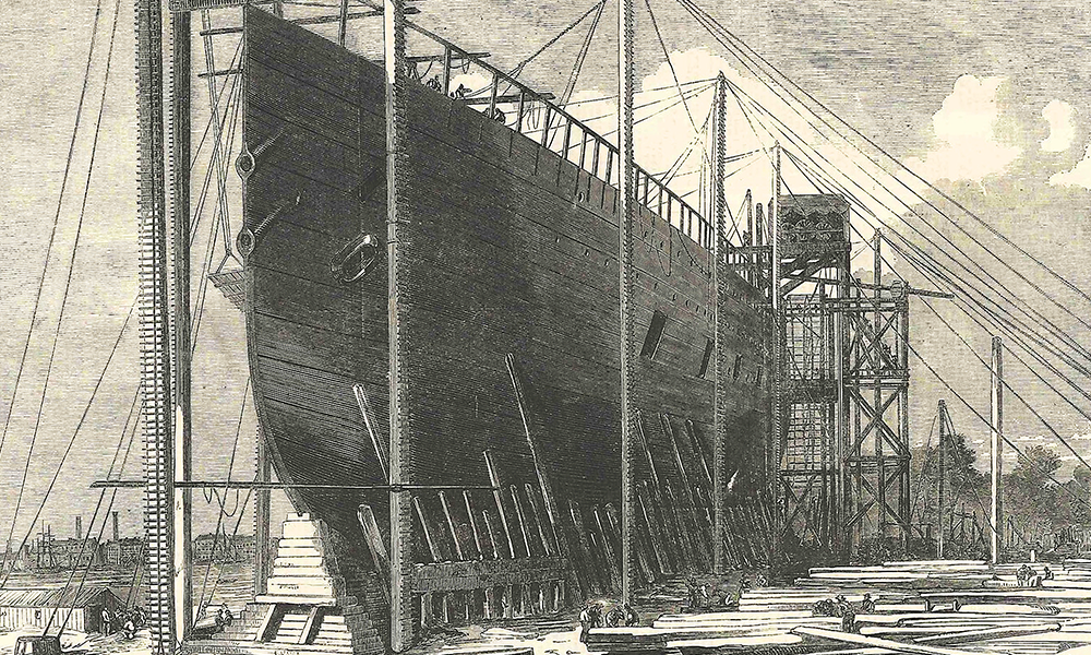 This image has an empty alt attribute; its file name is Screenshot-2026-07-10-at-22.39.22WEB.png
Detail from Leviathan (Great Eastern) during building at Millwall antique print, 1857, £40 - image supplied by Frontispiece