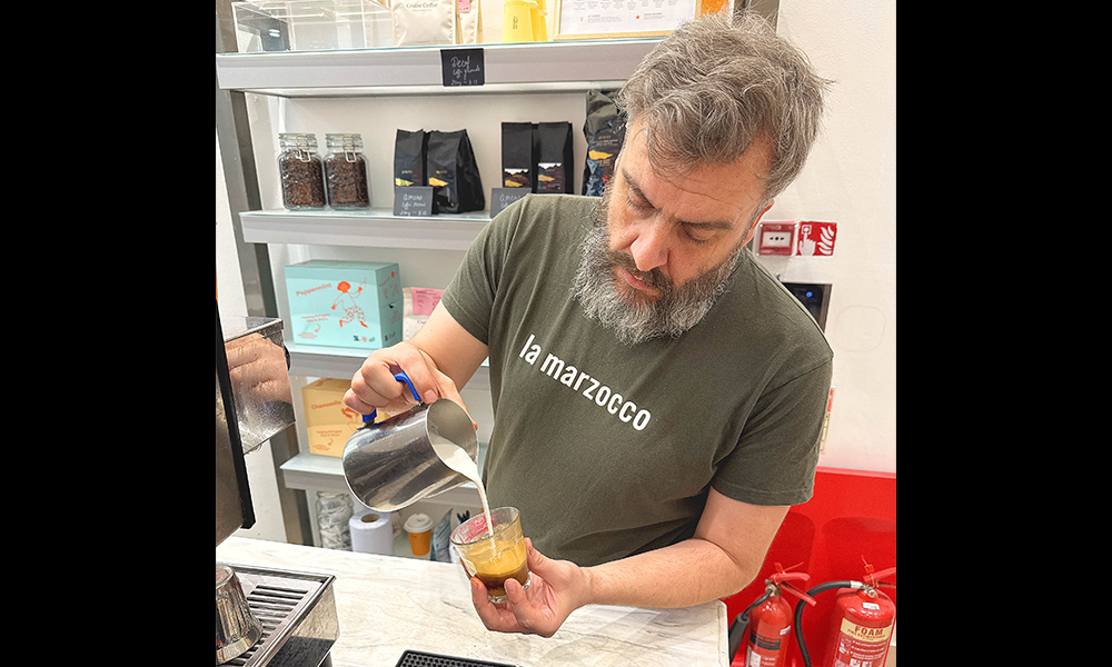 Gareth works on latte art at Circle Collective - image by Jon Massey / Wharf Life