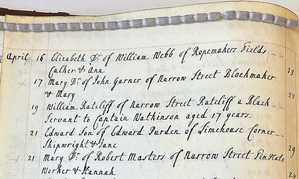 Detail from the christening records at St Anne's Limehouse showing a 17-year-old 'black servant' received a blessing at the church on April 19, 1730 - image supplied by Care For St Anne's